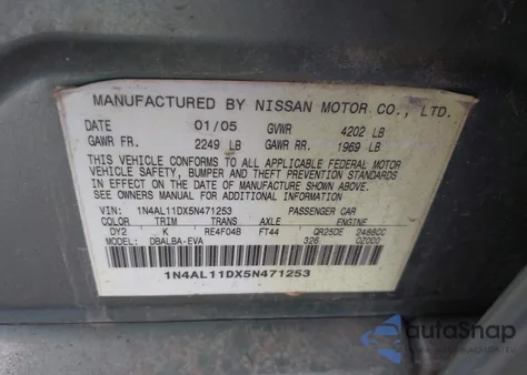 2005 Nissan Altima 2.5 S z USA, uszkodzony, nr VIN 1N4AL11DX5N471253